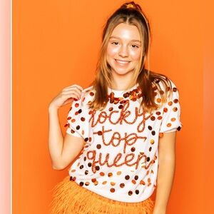 New! QUEEN OF SPARKLES Orange Paillette Rocky Top Queen Sweater